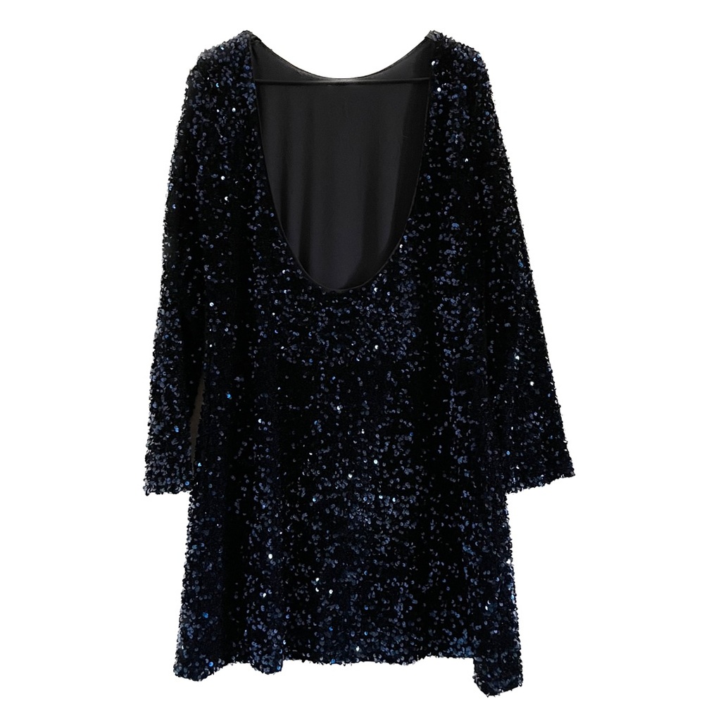 Blue Sequined Holiday Party Dress with Low-cut Back and Long Sleeves, Large